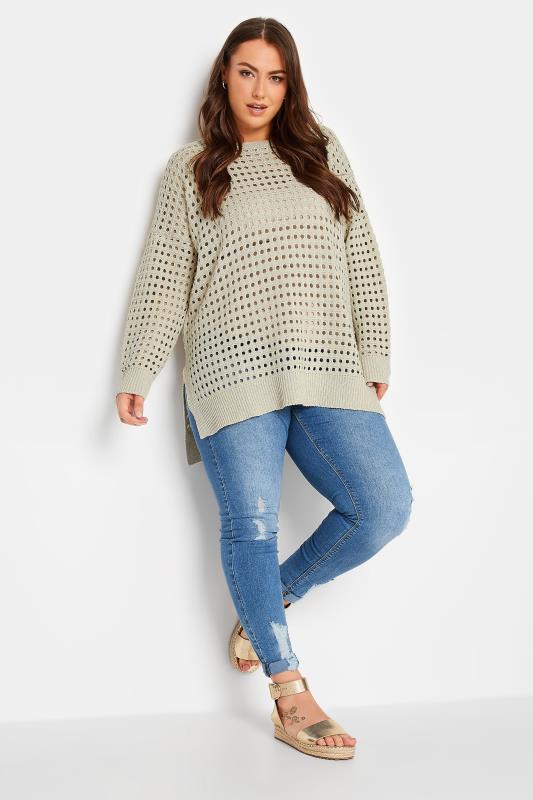 YOURS Plus Size Beige Brown Side Split Crochet Jumper | Yours Clothing 2