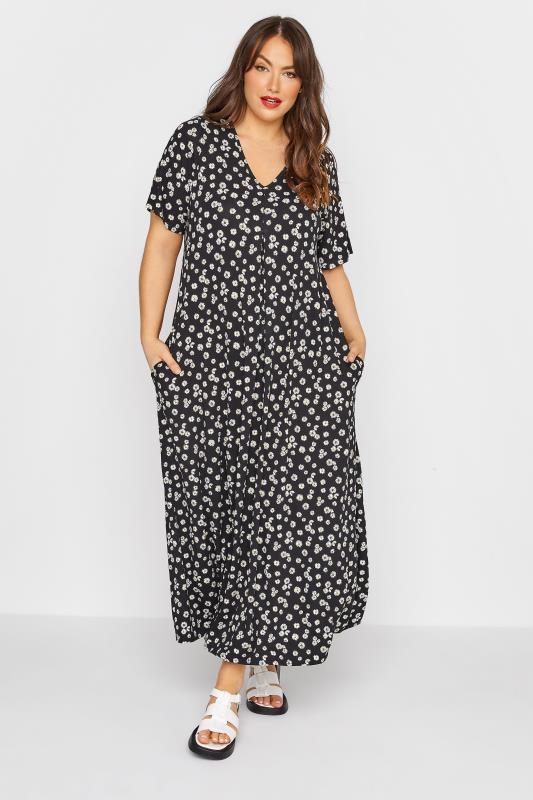  dla puszystych LIMITED COLLECTION Curve Black Daisy Pleat Front Maxi Dress