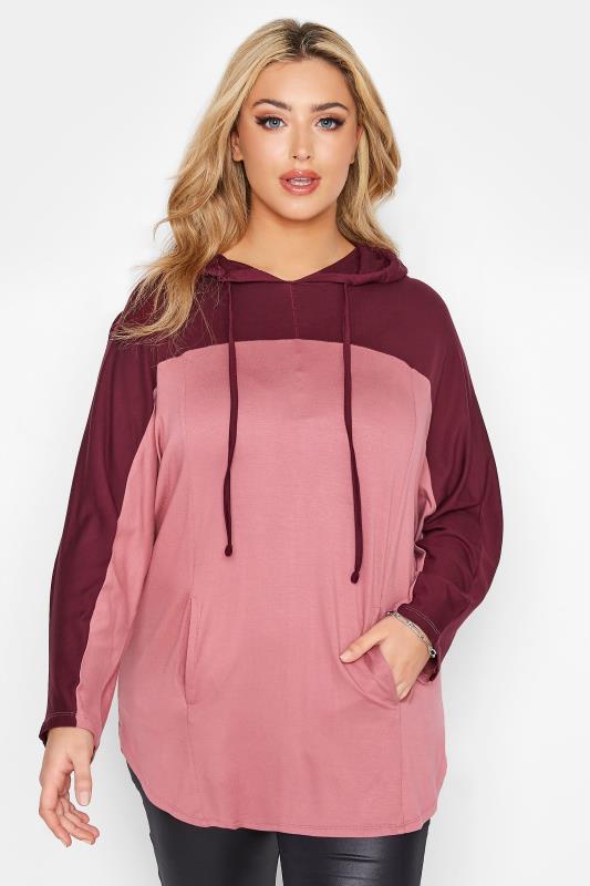 Plus Size  YOURS Curve Pink Colour Block Hoodie