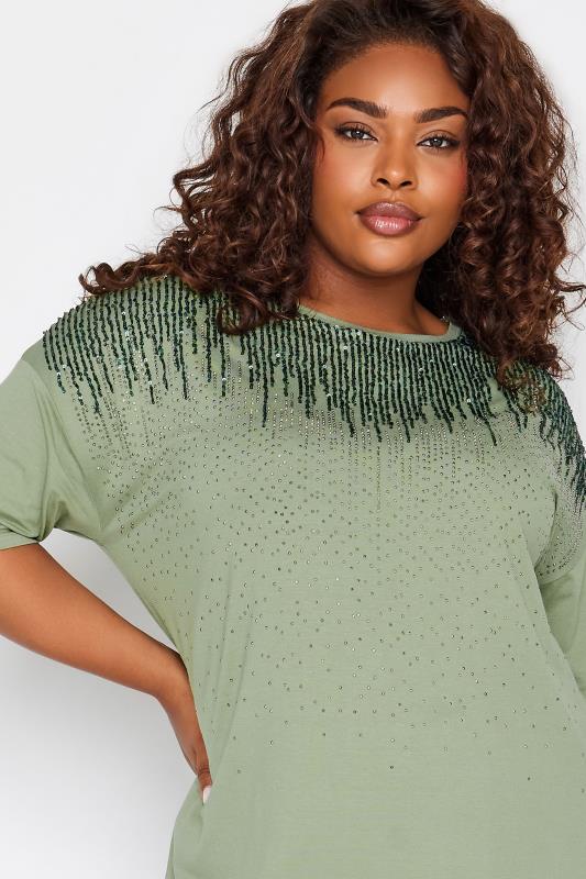YOURS Plus Size Sage Green Sequin Embellished T-Shirt | Yours Clothing 4