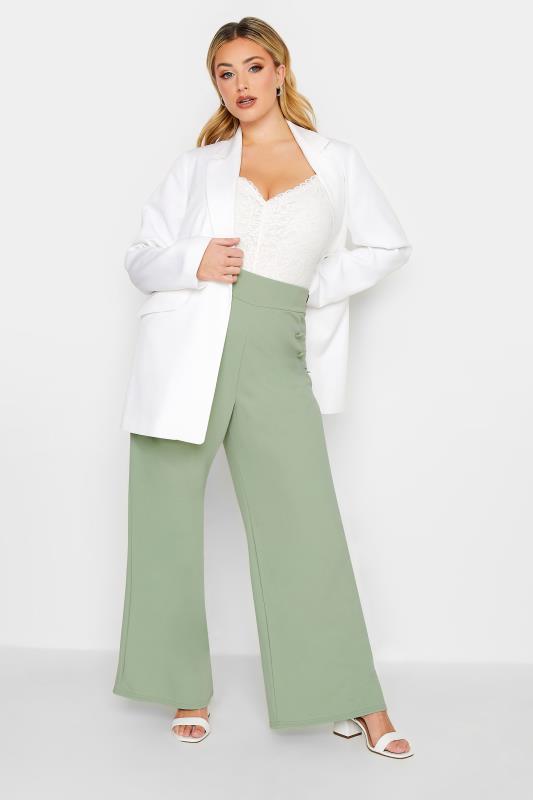 YOURS LONDON Plus Size Green Button Stretch Scuba Crepe Wide Leg Trousers | Yours Clothing 1