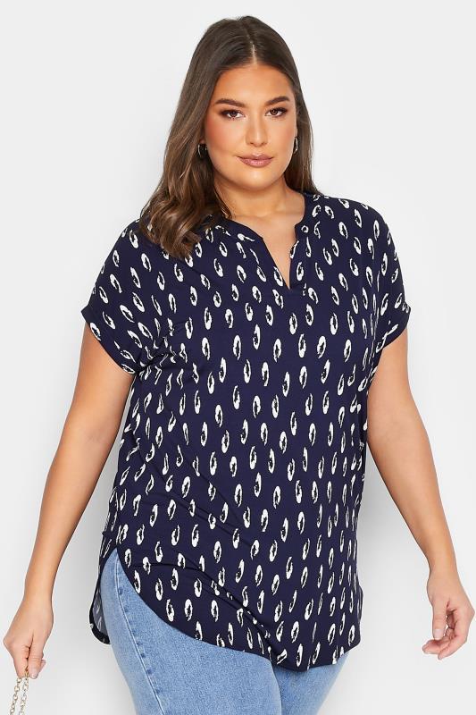 YOURS Plus Size Curve Navy Blue Animal Print Half Placket Blouse | Yours Clothing  1