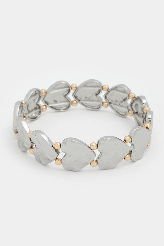  Silver Tone Textured Heart Stretch Bracelet