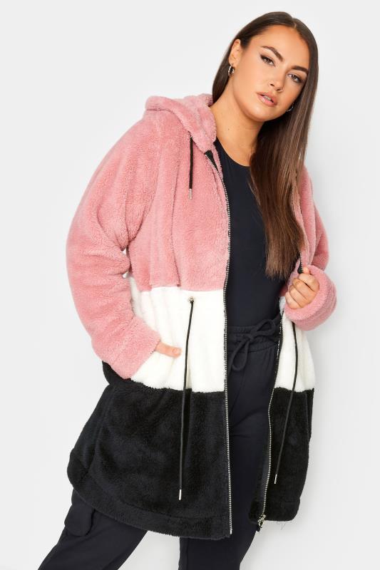 YOURS Plus Size Pink & Black Longline Fleece Zip Hoodie | Yours Clothing 1