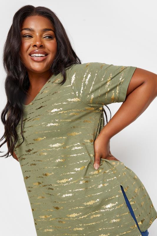 YOURS Plus Size Khaki Green Foil Print Top | Yours Clothing 4