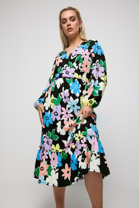 LIMITED COLLECTION Plus Size Black Floral Print Textured Wrap Dress | Yours Clothing 1