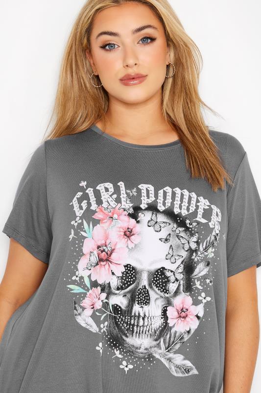 Curve Grey Skull Print 'Girl Power' T-Shirt 4