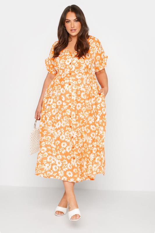 LIMITED COLLECTION Plus Size Orange Daisy Tea Dress | Yours Clothing 1