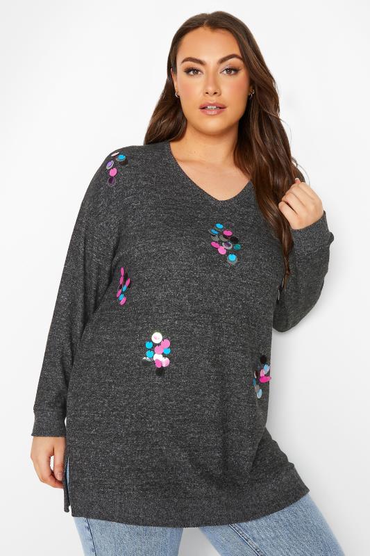 Curve Dark Grey Embellished Long Sleeve Knitted Top | Yours Clothing 1