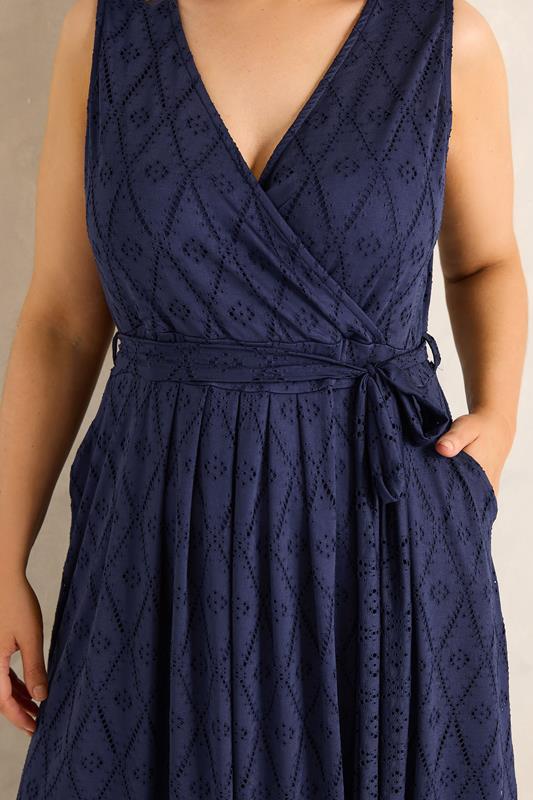 EVANS Plus Size Navy Blue Broderie Wrap Midi Dress | Evans 4