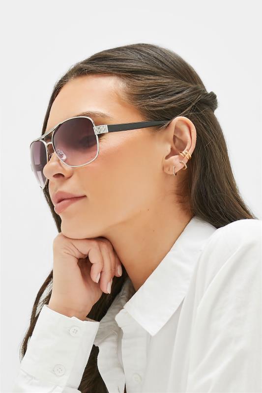 Plus Size Silver Tone Diamante Detail Aviator Sunglasses | Yours Clothing 1