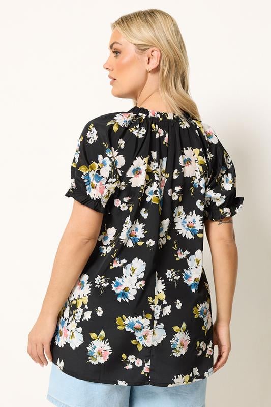 YOURS Plus Size Black Floral Puff Sleeve Blouse | Yours Clothing 2