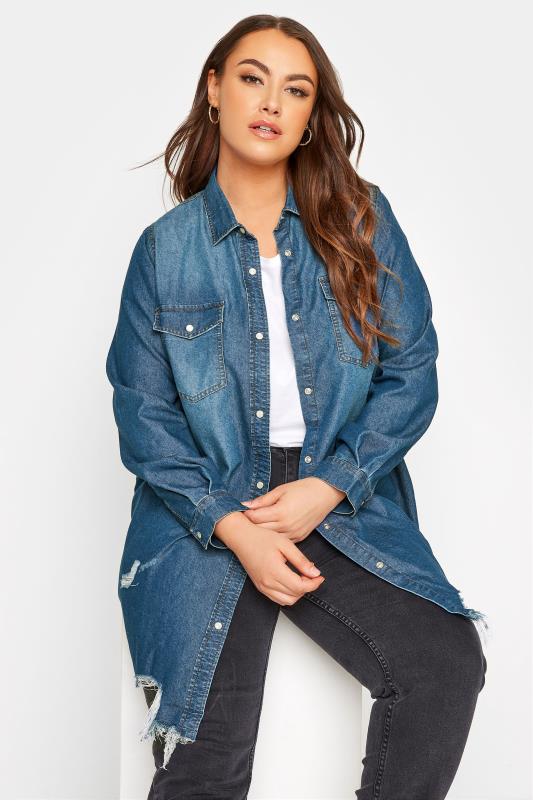 Plus Size Blue Distressed Denim Shirt | Yours Clothing  4