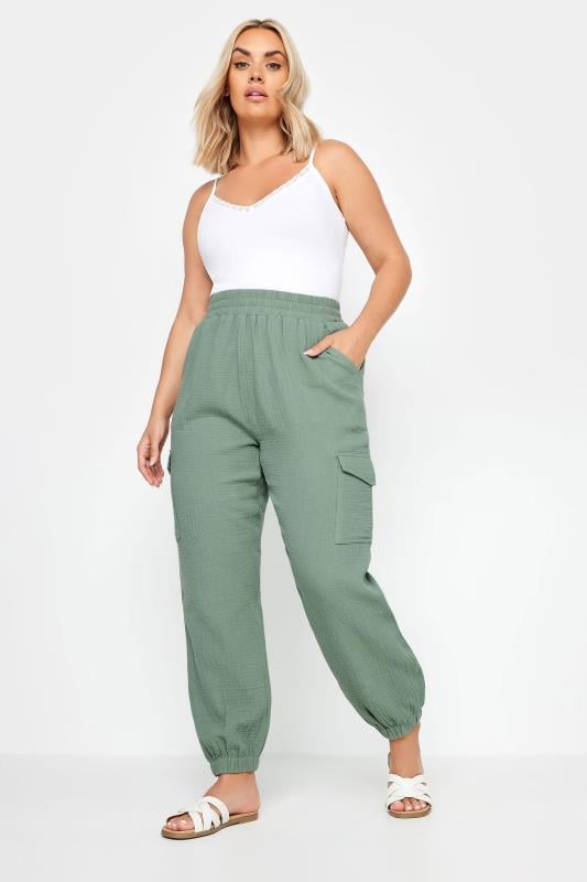 YOURS Plus Size Sage Green Cheesecloth Cuffed Joggers | Yours Clothing 2