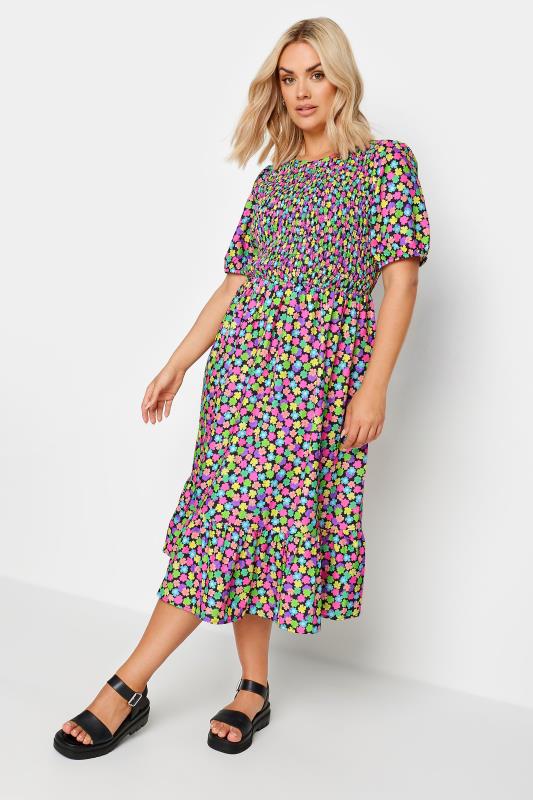 LIMITED COLLECTION Plus Size Black Rainbow Floral Print Shirred Midaxi Dress | Yours Clothing 1