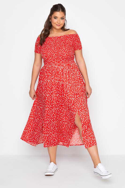 Plus Size Red Ditsy Shirred Bardot Midaxi Dress | Yours Clothing 2