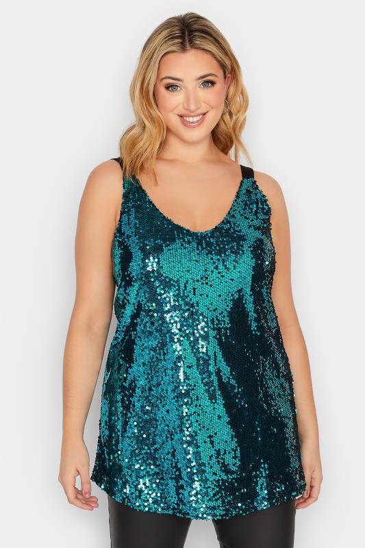 YOURS LONDON Plus Size Teal Blue Sequin Embellished Cami Top | Yours Clothing 1