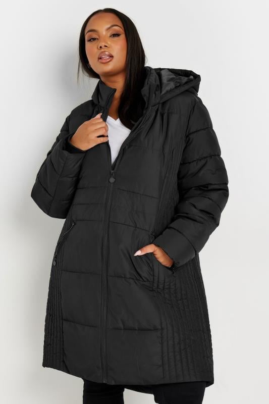 YOURS Curve Black Midi Padded Coat | Yours Clothing 1