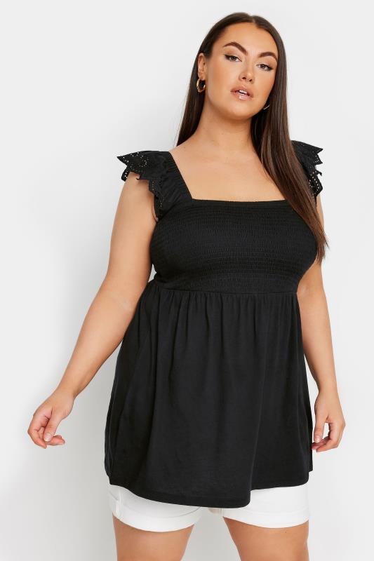 YOURS Plus Size Black Broderie Anglaise Peplum Top | Yours Clothing 1
