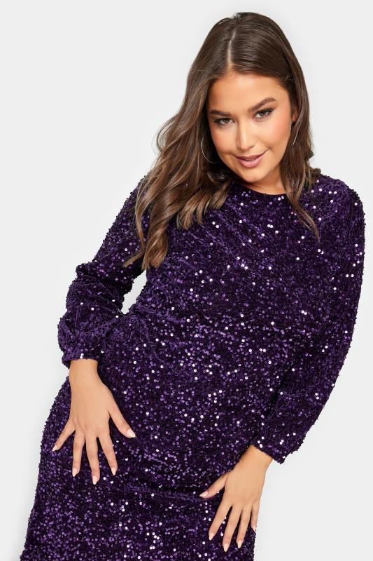 YOURS LONDON Plus Size Purple Long Sleeve Sequin Shift Dress | Yours Clothing 4