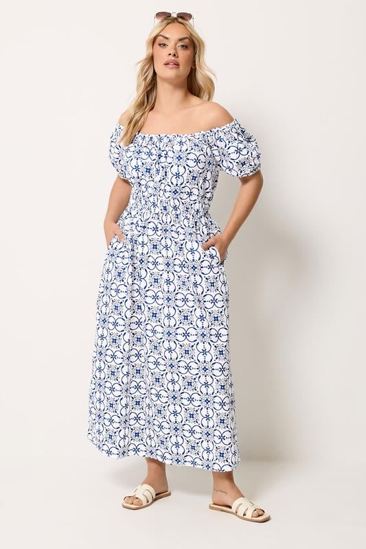 YOURS Plus Size White Floral Poplin Bardot Dress | Yours Clothing 1