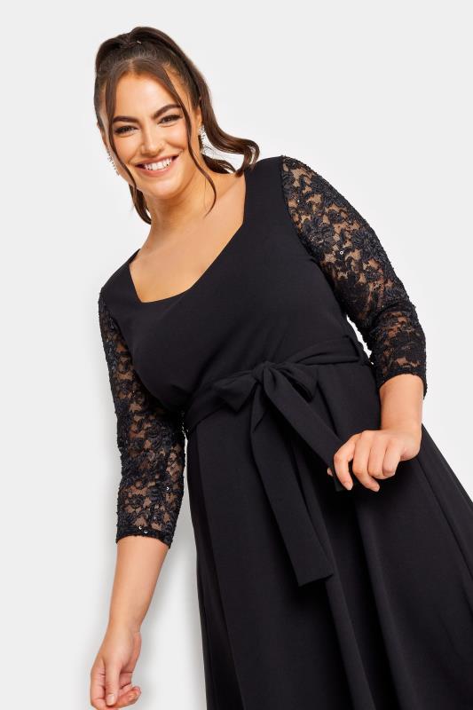 YOURS LONDON Plus Size Black Sequin Detail Lace Sleeve Skater Dress | Yours Clothing 4