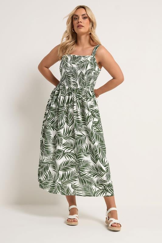 YOURS Plus Size Green Palm Leaf Shirred Linen Maxi Dress | Yours Clothing 1