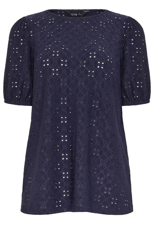 LTS Tall Women's Navy Blue Broderie Anglaise Puff Sleeve Top | Long Tall Sally 5