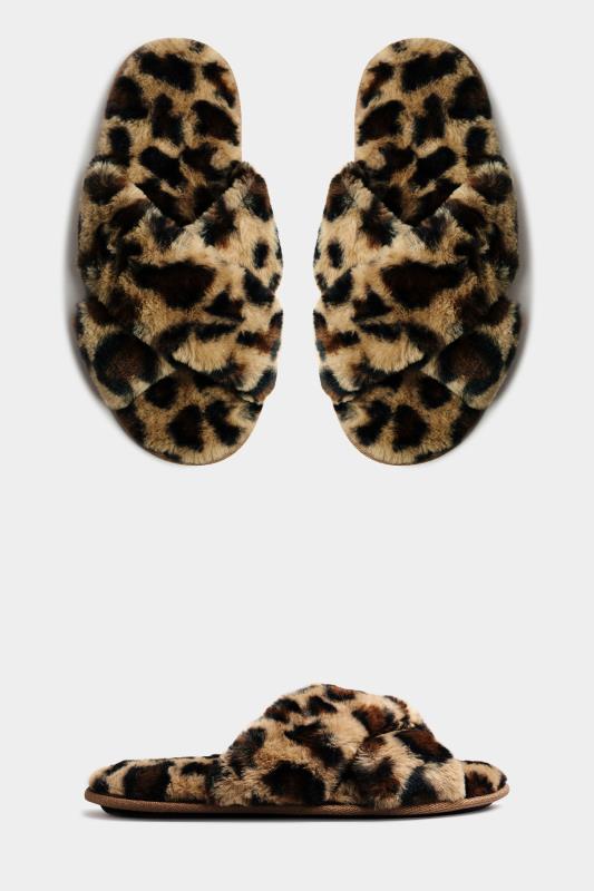 Plus Size Brown Leopard Print Vegan Faux Fur Cross Strap Slippers In Standard Fit | Yours Clothing 2