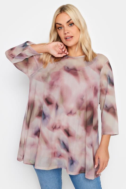 Plus Size  YOURS Curve Pink Abstract Print Mesh Layered Top