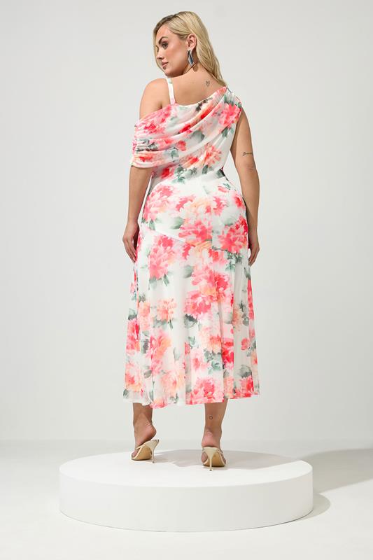 YOURS LONDON Plus Size White Floral Drape Shoulder Dress | Yours Clothing 2