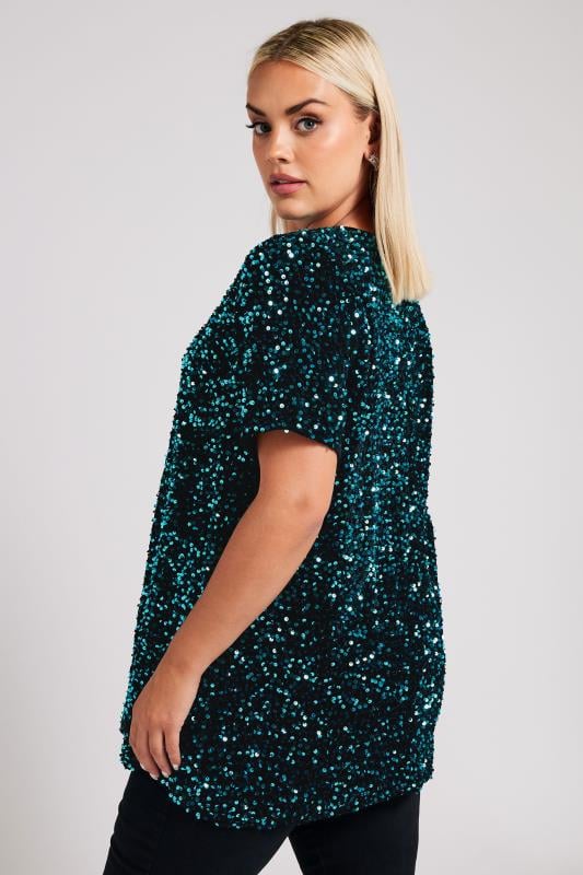 YOURS LONDON Plus Size Blue Velvet Sequin Top | Yours Clothing  5