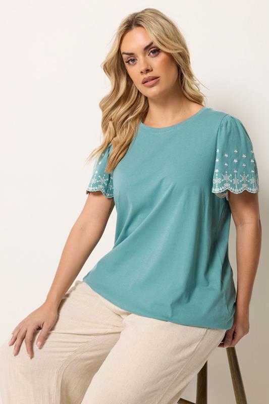 YOURS Plus Size Green Embroidered Sleeve T-Shirt | Yours Clothing 1