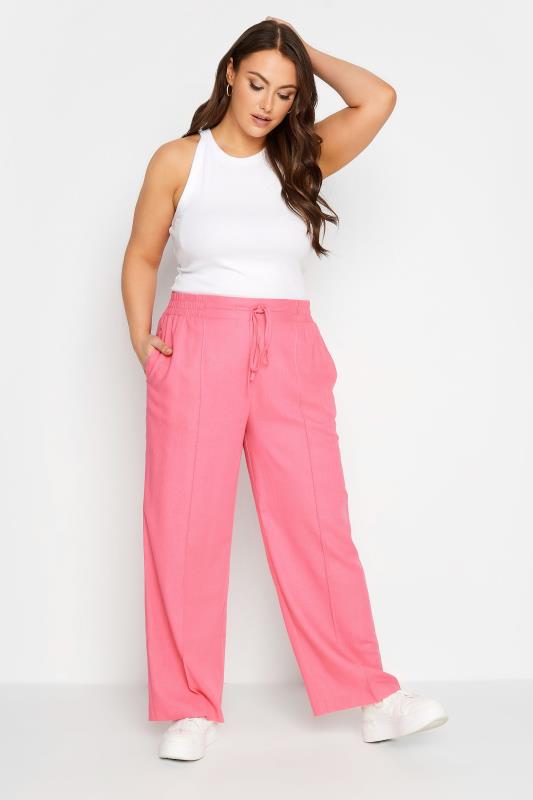 YOURS Curve Plus Size Hot Pink Wide Leg Linen Trousers | Yours Clothing  2