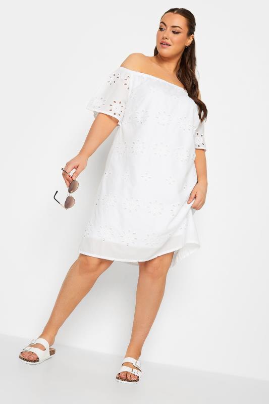 YOURS Plus Size White Broderie Anglaise Bardot Dress | Yours Clothing 2