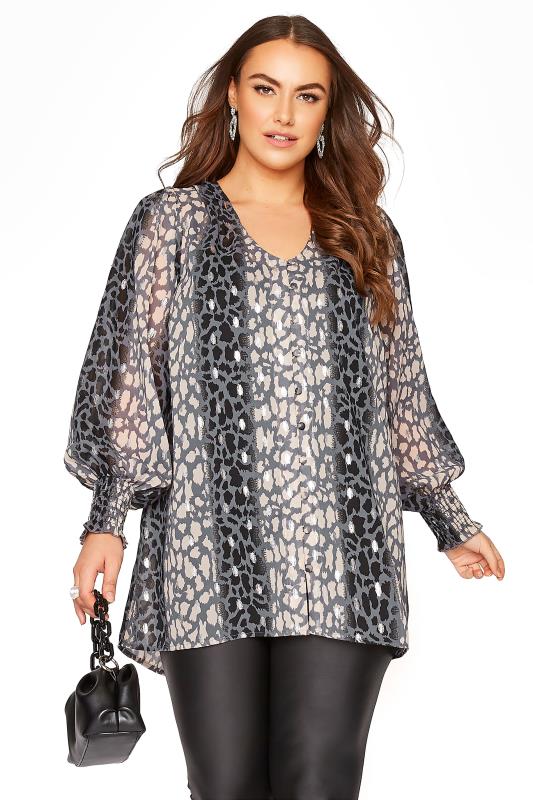 Plus Size  YOURS LONDON Curve Grey Animal Print Balloon Sleeve Blouse