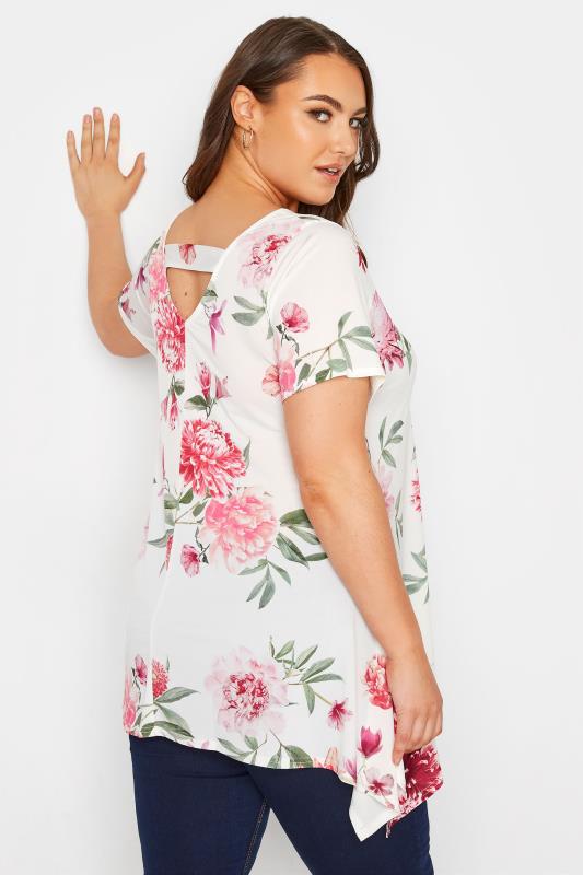 YOURS LONDON Plus Size White Floral Hanky Hem Top | Yours Clothing 3
