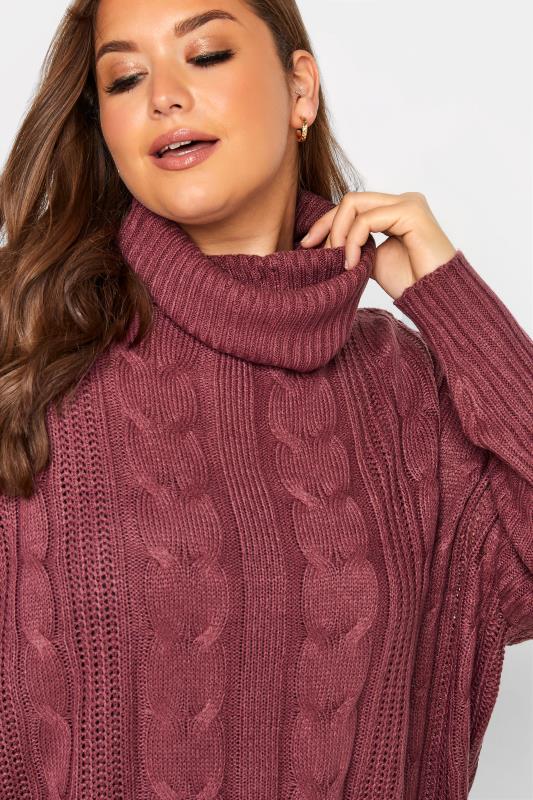 Curve Burgundy Red Cable Knit Roll Neck Jumper 4