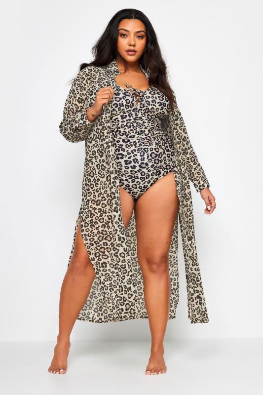 YOURS Plus Size Natural Brown Leopard Print Longline Beach Shirt | Yours Clothing 1