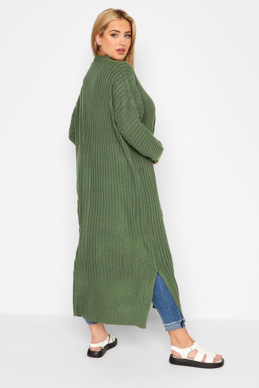 Plus Size Curve Khaki Green Ribbed Knitted Maxi Cardigan | Yours Clothing 3