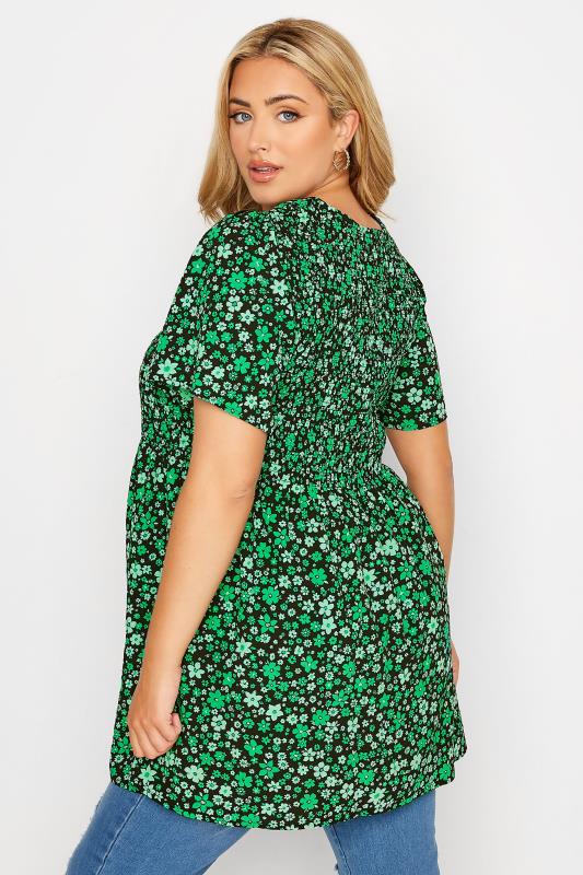 Plus Size Black & Green Ditsy Print Shirred Smock Top | Yours Clothing 4