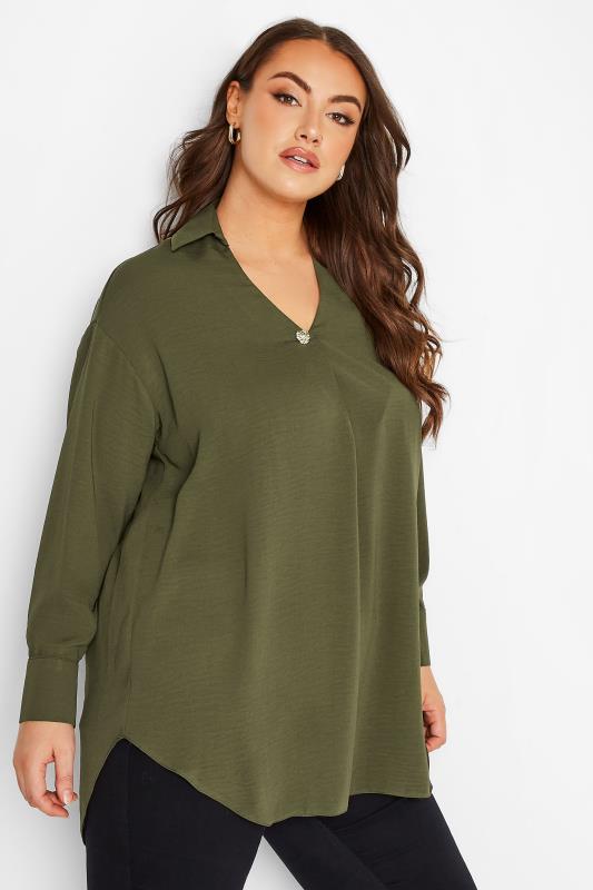 YOURS LONDON Plus Size Womens Curve Khaki Green Button Blouse | Yours Clothing 1
