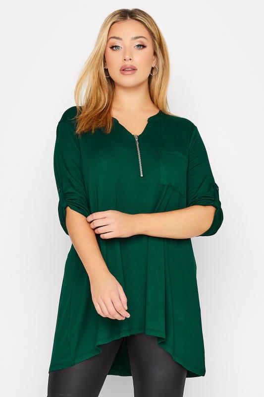 Plus Size Forest Green Zip Front Top | Yours Clothing 2