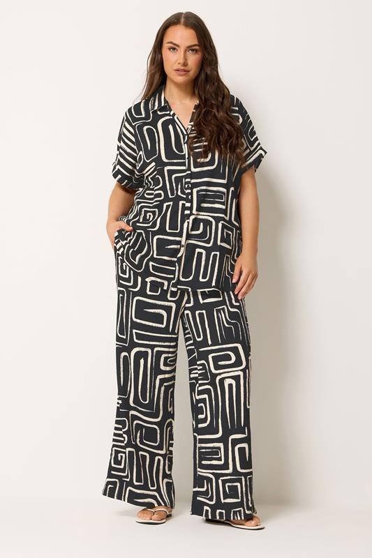 YOURS Plus Size Black Abstract Crinkle Wide Leg Trousers | Yours Clothing 1