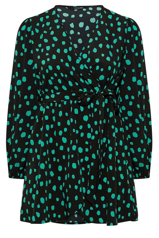 Plus Size Black & Green Dalmatian Print Balloon Sleeve Wrap Top | Yours Clothing 6