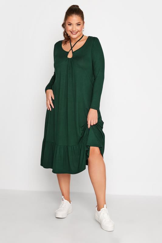 LIMITED COLLECTION Plus Size Forest Green Keyhole Tie Neck Midaxi Dress | Yours Clothing 2