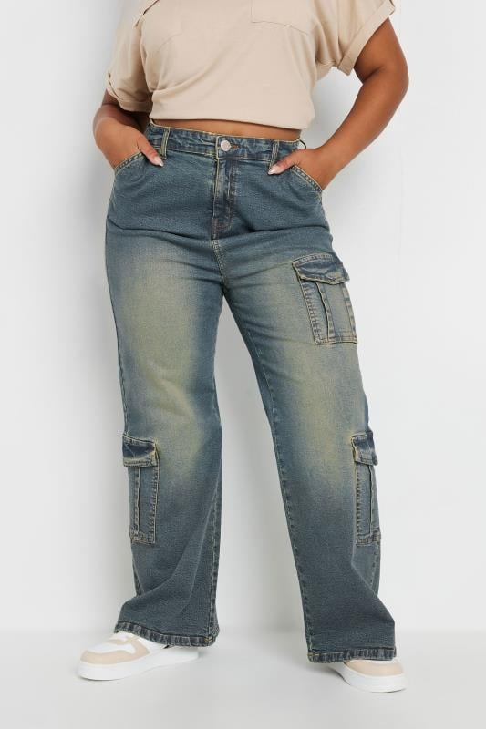 Plus Size  YOURS Curve Blue Washed Wide Leg Cargo Jeans