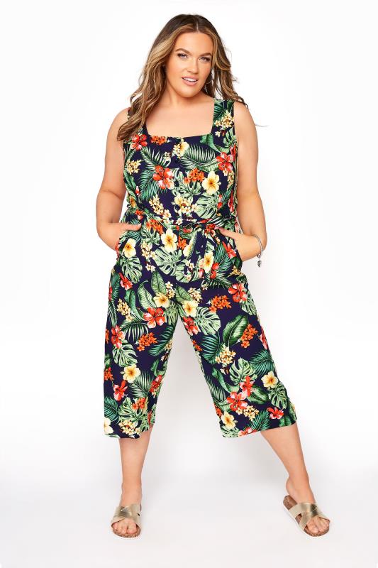  Grande Taille YOURS LONDON Navy Tropical Button Crop Jumpsuit