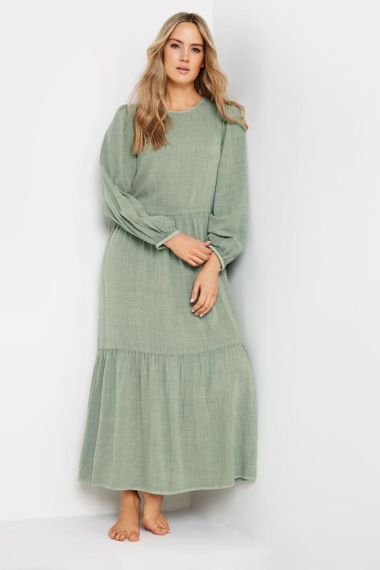 LTS Tall Womens Sage Green Acid Wash Tiered Maxi Dress | Long Tall Sally  1