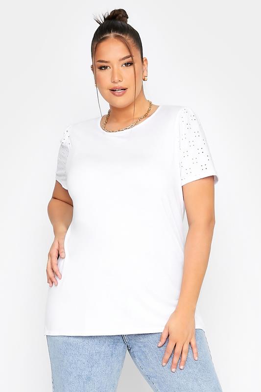 LIMITED COLLECTION Curve White Broderie Anglaise Sleeve T-Shirt_A.jpg